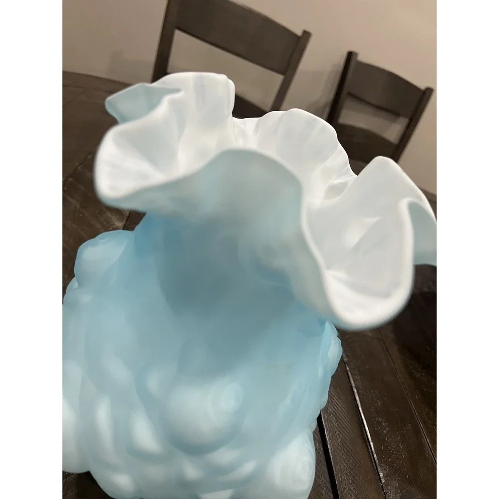 FENTON for LG Wright WILD ROSE Blue Satin Glass PUFFY Cabbage ROSES Vase 8‎ 1/2